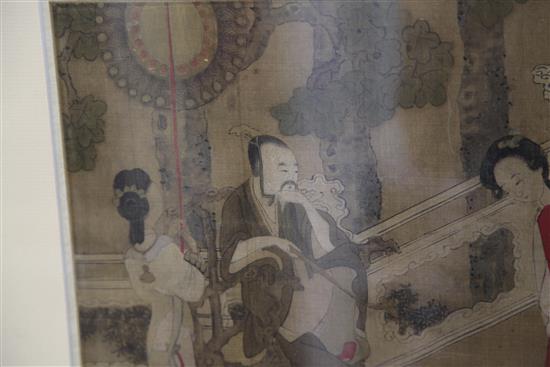 A Chinese painting on silk of a scholar and two attendant ladies in a garden, 18th / 19th century, 27.5 x 29cm